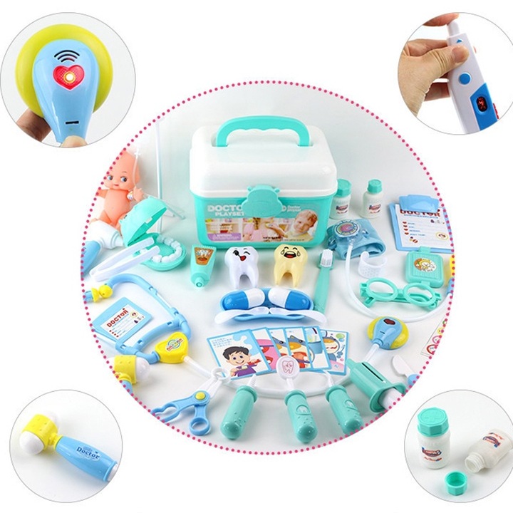 Trusa pentru copii Mixbo, Micul Dentist, accesorii medicale, valiza, plastic, 3 ani +, 44 piese, albastru