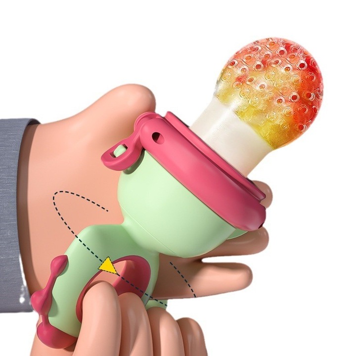 Залъгалка с плодове, за бебета, хранителен силикон, +4 месеца, 2 mm дебелина на дупките на биберона, 12,7 x 5,7 x 4,9 cm, зелено/фуксия