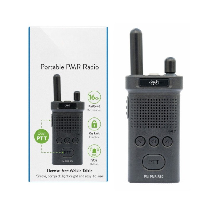 Радиостанция idealSTORE PNI PMR R60 446MHz, 0.5W, сканиране, заключване на клавиши, SOS, монитор, акумулатор 1200mAh, работна температура -26°C ~ +80°C, LED, TOT, шумоподтискане, индикатор за батерията, сканиране на канали , Заключване на клавиатурата
