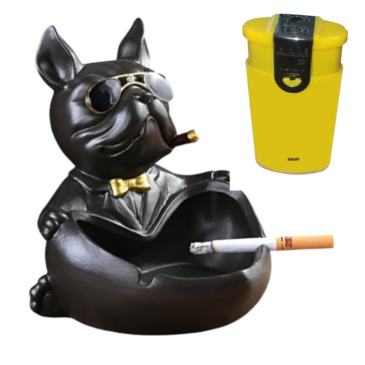 Set cadou pentru barbati KASAY, scrumiera din ceramica creativa Big Bad Dog, design unic elegant si modern, obiect de decor sofisticat, culoare neagra si o bricheta cadou