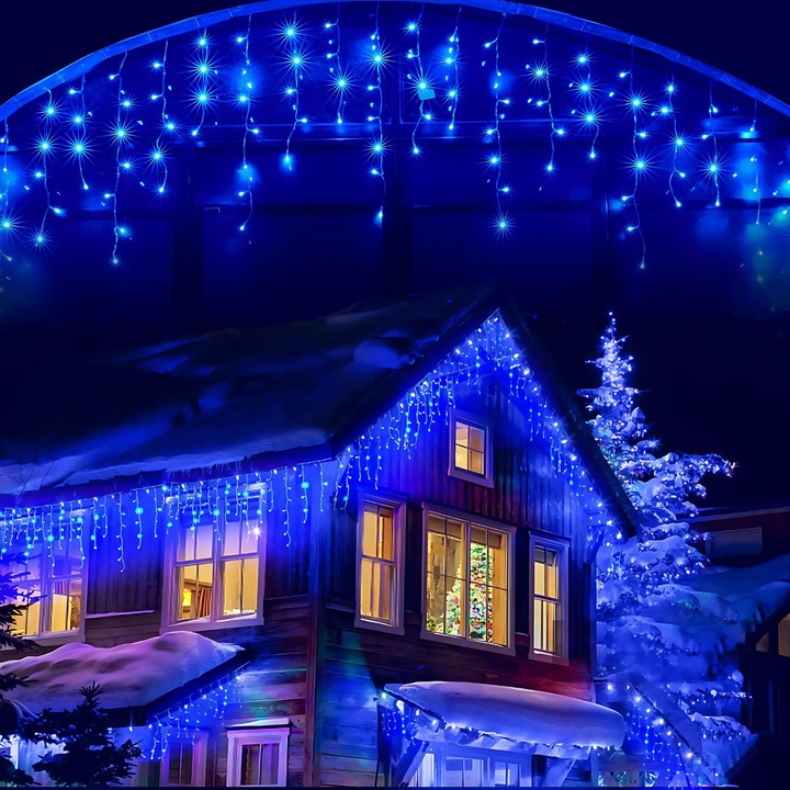 Коледни лампички тип ресни/костенурка, прозрачна жица, 4 м, 120 светодиода, свързваща се, вътрешна/външна динамика, празнична атмосфера, вътрешна/външна гъвкавост, 1,5 м удължителен кабел, 8 режима на осветление, син