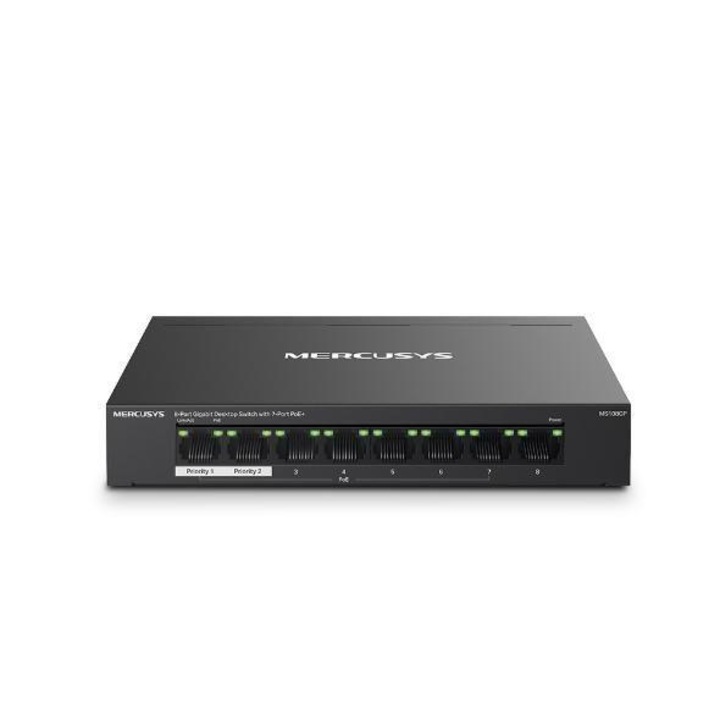 Суич Mercusys MS108GP, 8 порта, гигабит, 7 PoE+ порта