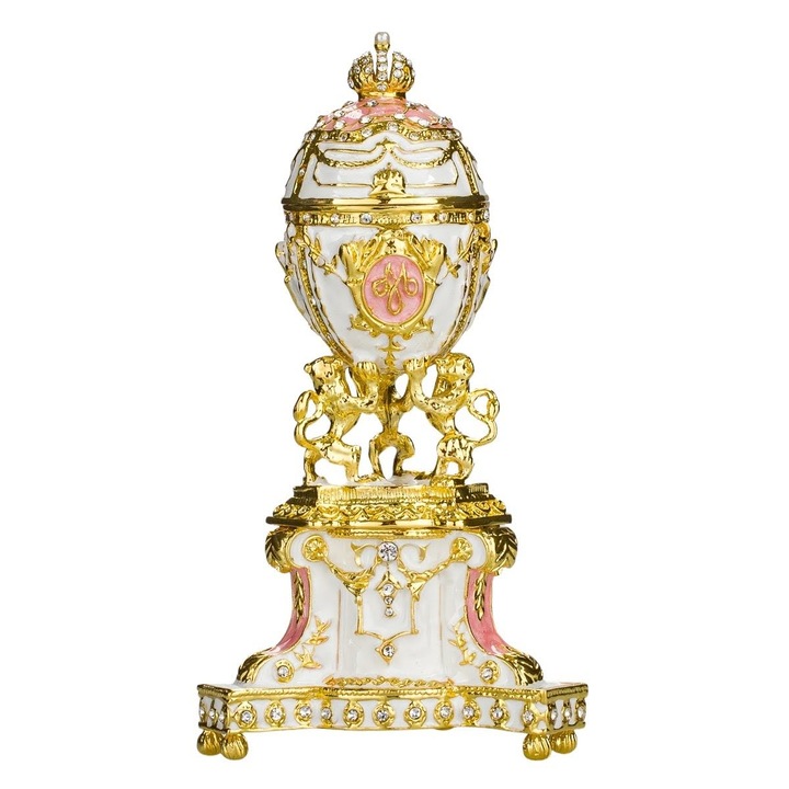 Ékszeres doboz, Dán királyi Faberge tojás (dán jubileum), oroszlánnal és császári koronával, 13 cm, rózsaszín