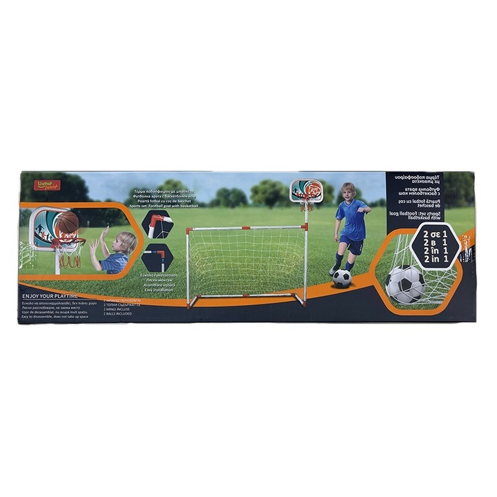 Комплект футболна врата и баскетболен кош LiveUp, 2в1, 2 топки, Помпа, Бял/Оранжев