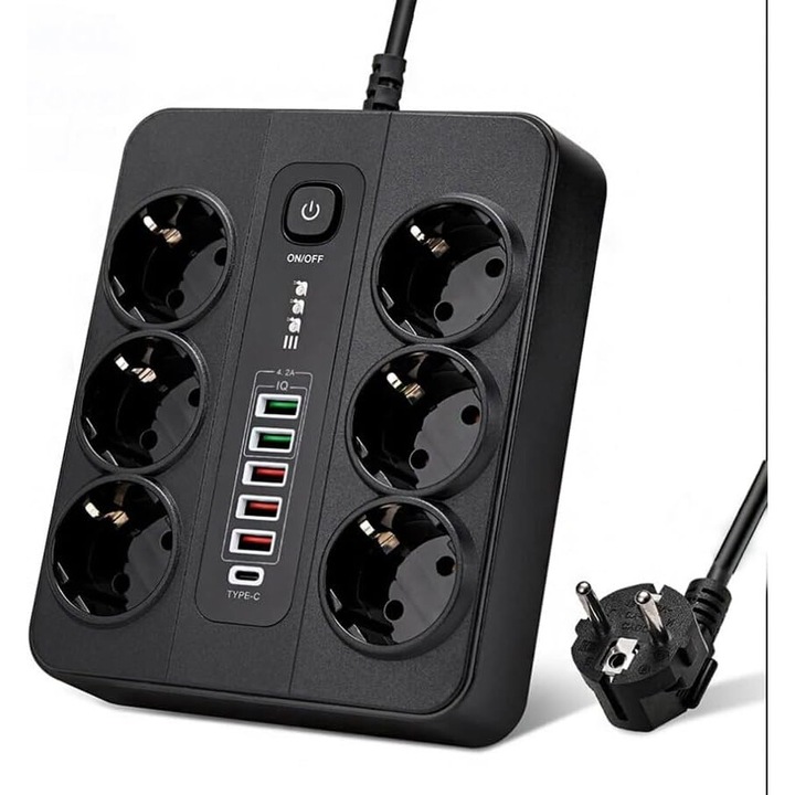 Hosszabbító kábel 6 aljzattal, 5 USB és 1 Type-C, túlfeszültség védelem, szürke, 3 m kábel