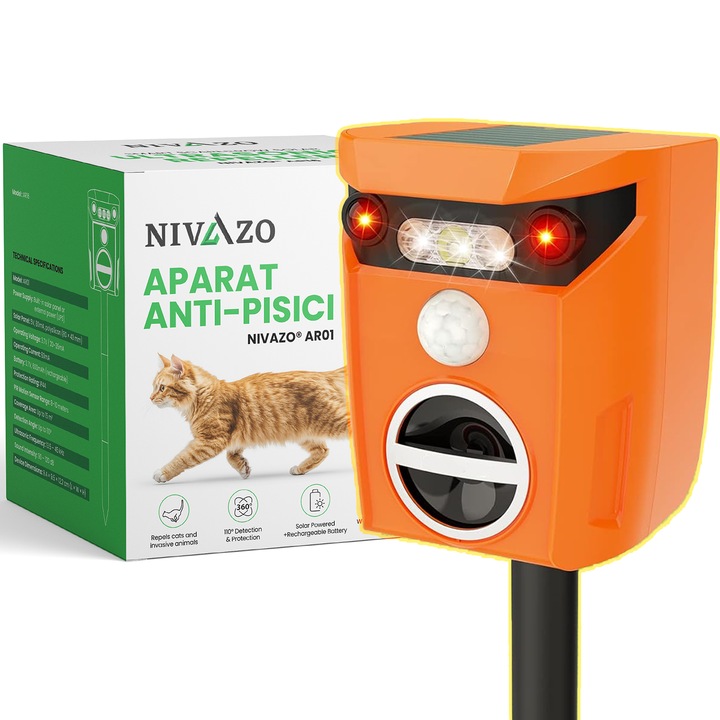 Ултразвукова почистваща машина за котки Nivazo® AR01, 2 режима на работа, действие 110⁰ и покритие 10m2, слънчево зареждане, батерия 600mAh