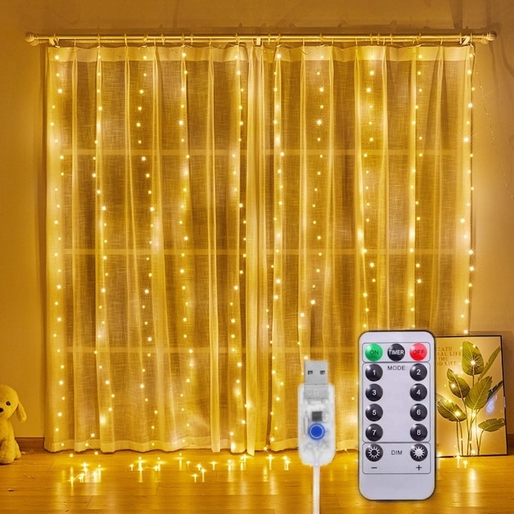 Karácsonyi függöny fényfüzér, EMATTERIO, távirányítóval, 300 led, 3 M x 3 M, 8 üzemmód, Vízállóság, USB tápegység, Állítható fényerő, kültéri/beltéri, meleg fehér