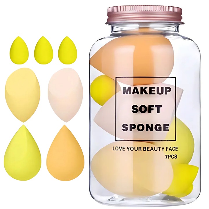 Set de 7 buretei de machiaj, material Premium usor de intretinut, reutilizabili, machiaj profesional, model galben