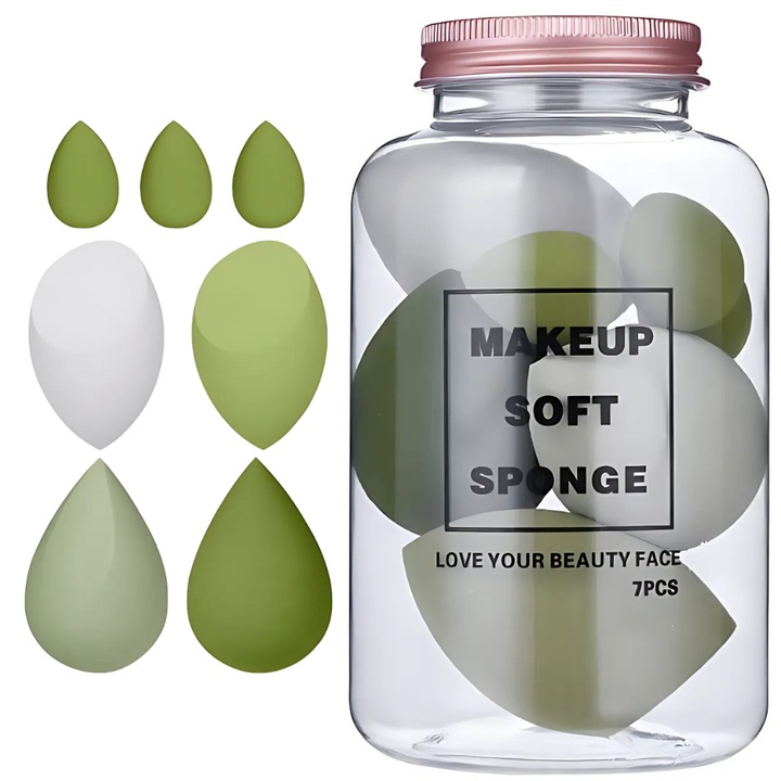 Set de 7 buretei de machiaj, esentiali pentru un machiaj profesional, material Premium, reutilizabili, design ergonomic, model verde