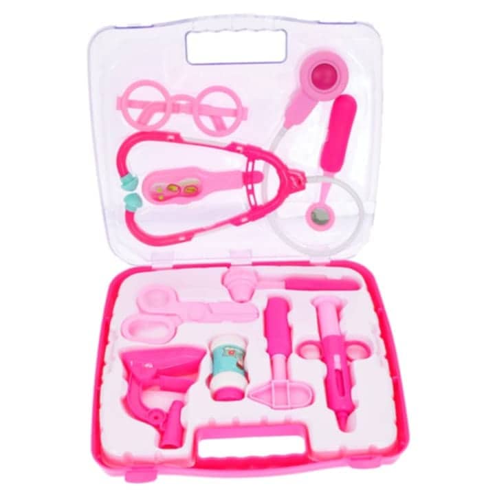 Set jucarii Micul Doctor cu 10 accesorii, stetoscop cu sunete, Roz