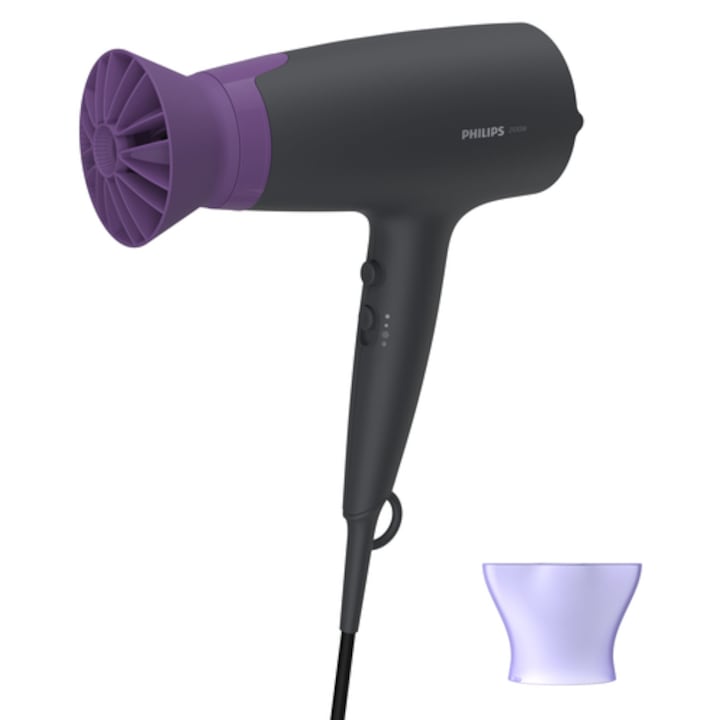 Сешоар Philips BHD351/30, 2100W, Аксесоар Thermo Protect, Йонна грижа, 6 настройки за скорост/температура, Концентратор 14 мм, Черен/Лилав