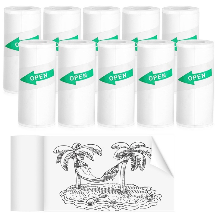 Set de 12 role de hartie de imprimanta, Axroad Mall, Poate fi lipit, latime 57mm, Pentru mini imprimante, Usor de instalat si de utilizat, Hartie, 5.7x2.5 cm, Alb