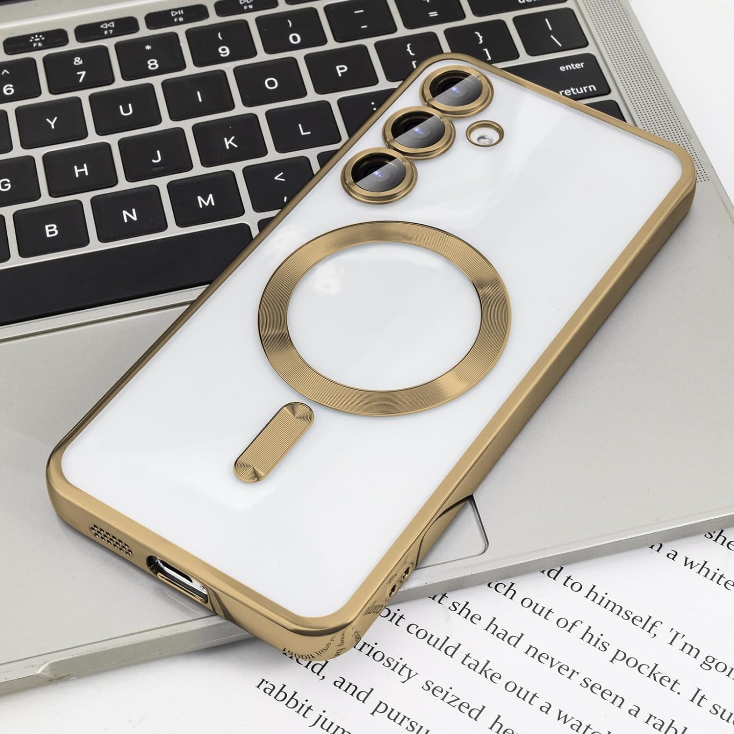 Husa pentru Samsung S25 FE DaDen® MagSafe Luxury compatibil cu protectie camera, Ultra Protectie, Transparent cu margini aurii rose