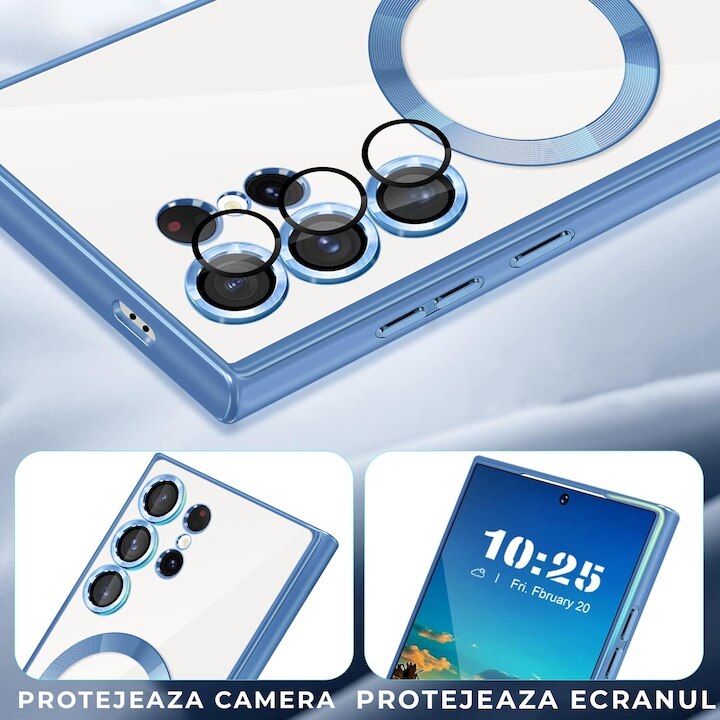 Husa pentru Samsung S25 FE DaDen® MagSafe Luxury compatibil cu protectie camera, Ultra Protectie, Transparent cu margini albastre
