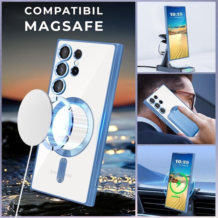 Husa pentru Samsung S25 FE DaDen® MagSafe Luxury compatibil cu protectie camera, Ultra Protectie, Transparent cu margini albastre