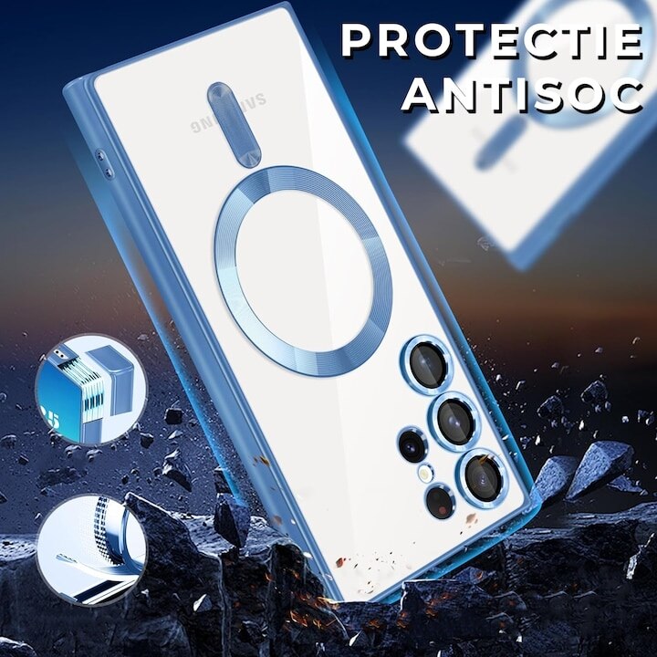 Husa pentru Samsung S25 FE DaDen® MagSafe Luxury compatibil cu protectie camera, Ultra Protectie, Transparent cu margini albastre