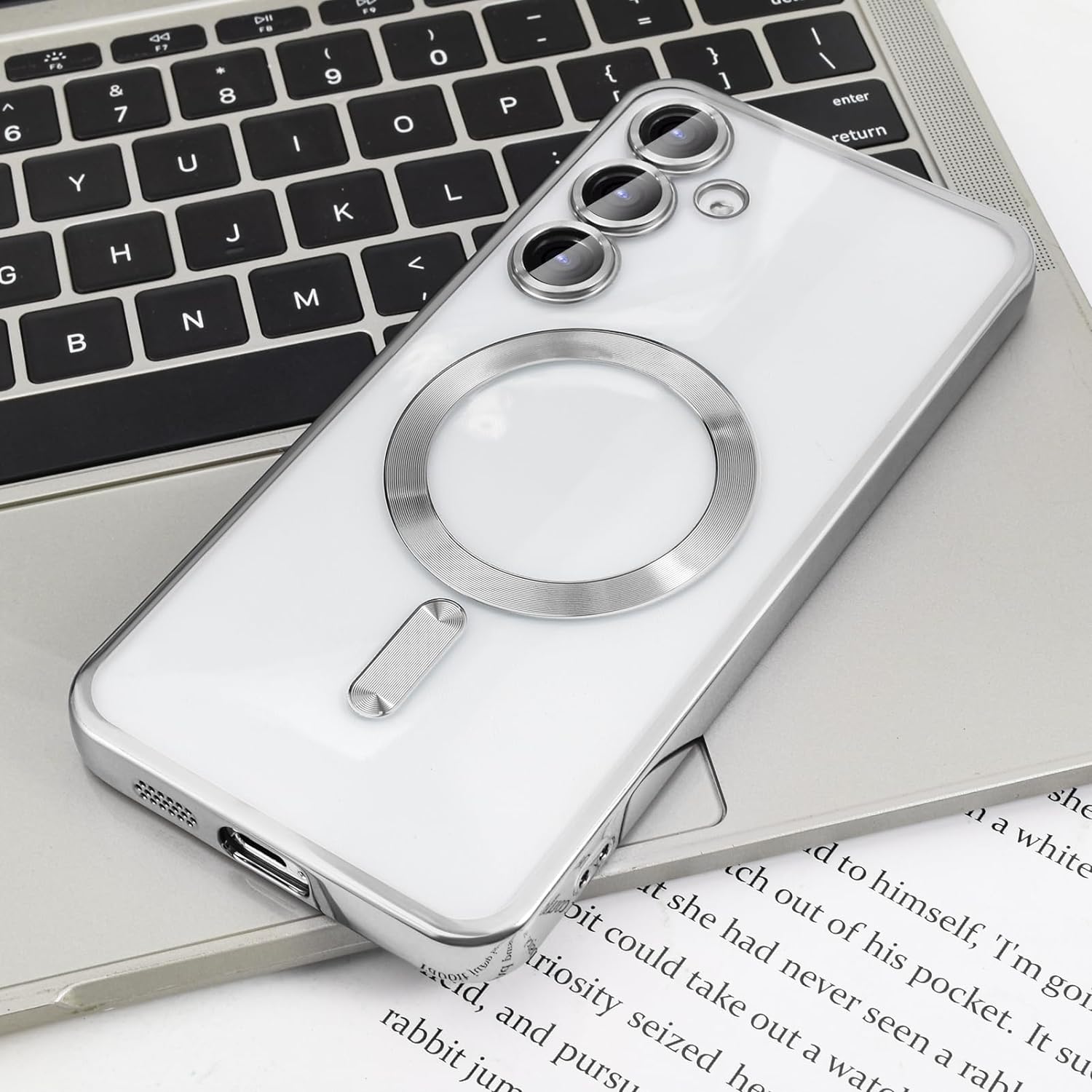 Husa pentru Samsung S25 FE DaDen® MagSafe Luxury compatibil cu protectie camera, Ultra Protectie, Transparent cu margini argintii