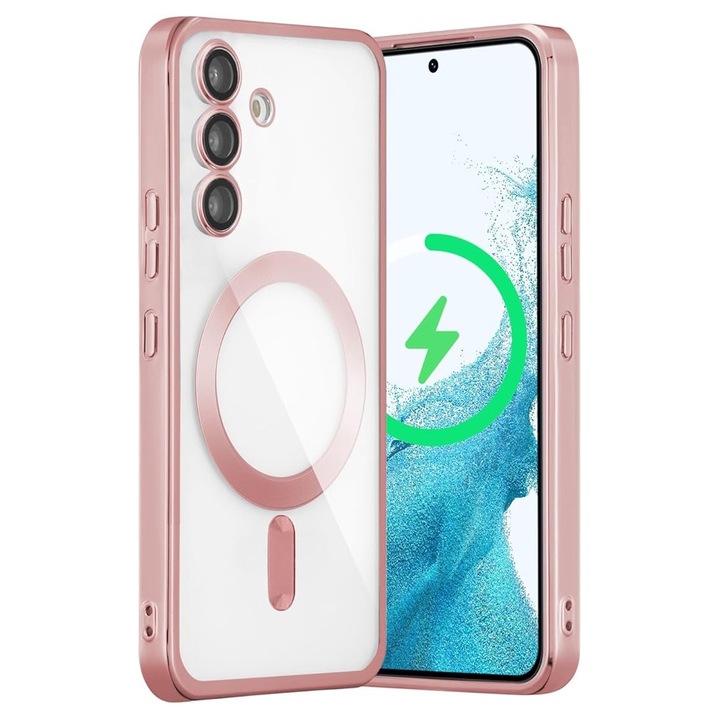 Husa pentru Samsung Galaxy A16 DaDen® MagSafe Luxury compatibil cu protectie camera, Ultra Protectie, Transparent cu margini aurii rose