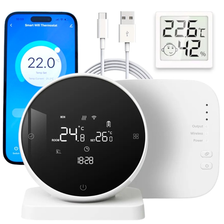 Termostat De Ambient Smart LONDEMM, 1x Higrometru inclus, WiFi, Control de pe telefon, compatibil Tuya/Alexa/GoogleHome/SmartLife App, Programabil, Compatibil cu orice centrala termica, Receiver inclus, Suport masa, Suport montare perete incluse, Alb