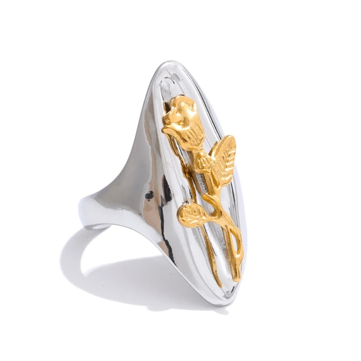 Inel Megan, argintiu, oval, din otel inoxidabil placat cu aur 18K, reglabil - Colectia Floral Paradise