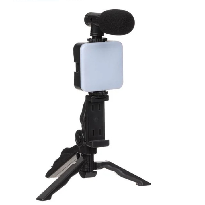 Vlogging szett háromlábú LED-lámpával és mobiltelefon-tartóval
