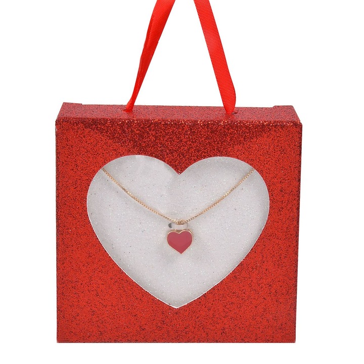 Set Bijuterii, Lantisor Auriu, Pandantiv Inima Rosie, Cu Cutie Glitter 9x9x2.5cm