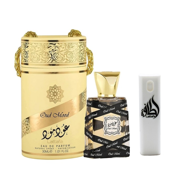 Lattafa OUD MOOD parfüm szett unisex 30 ml újratölthető utazási készlettel 10 ml