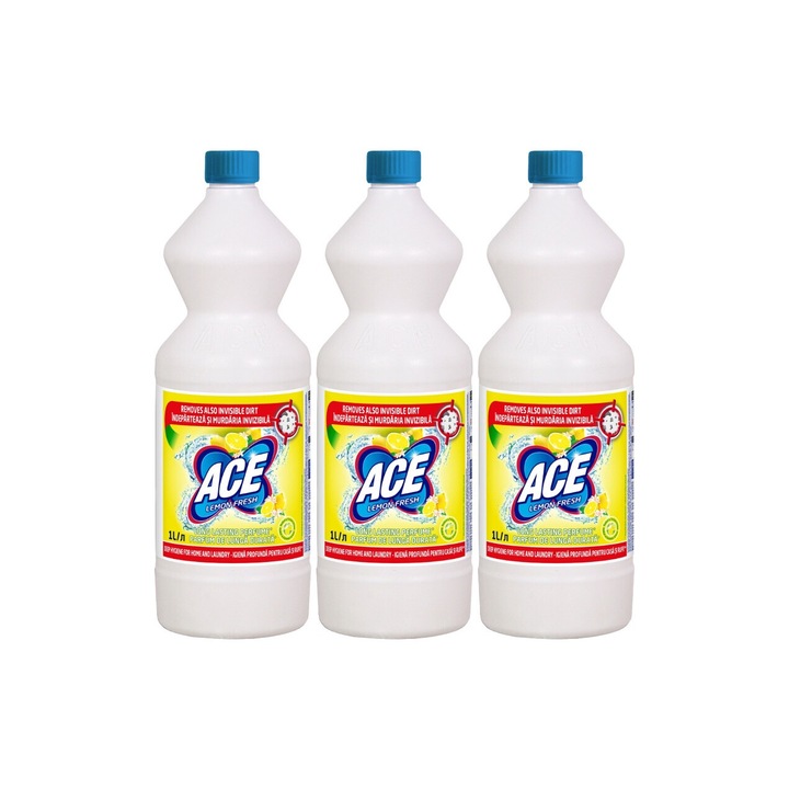 3x Ace Whitener 1l Parfümös citrom készlet, friss illatú, virágos illatú, vízkő elpusztító, gyors és hatékony, bőrgyógyászatilag tesztelt, hosszan tartó frissesség, maximális hatékonyság, bőséges tartalom, megszünteti a kellemetlen szagokat
