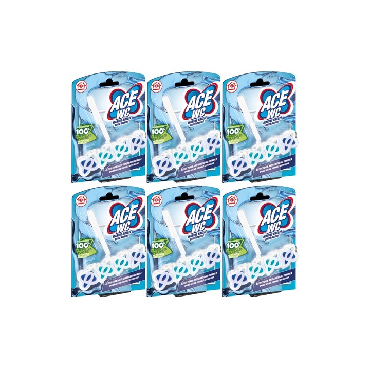 6x Ace Toilet légfrissítő készlet 48g Marine Breeze, friss aroma, virágos illat, vízkő elpusztító, gyors és hatékony, bőrgyógyászatilag tesztelt, hosszantartó frissesség, maximális hatékonyság, bőséges tartalom, megszünteti a kellemetlen szagokat