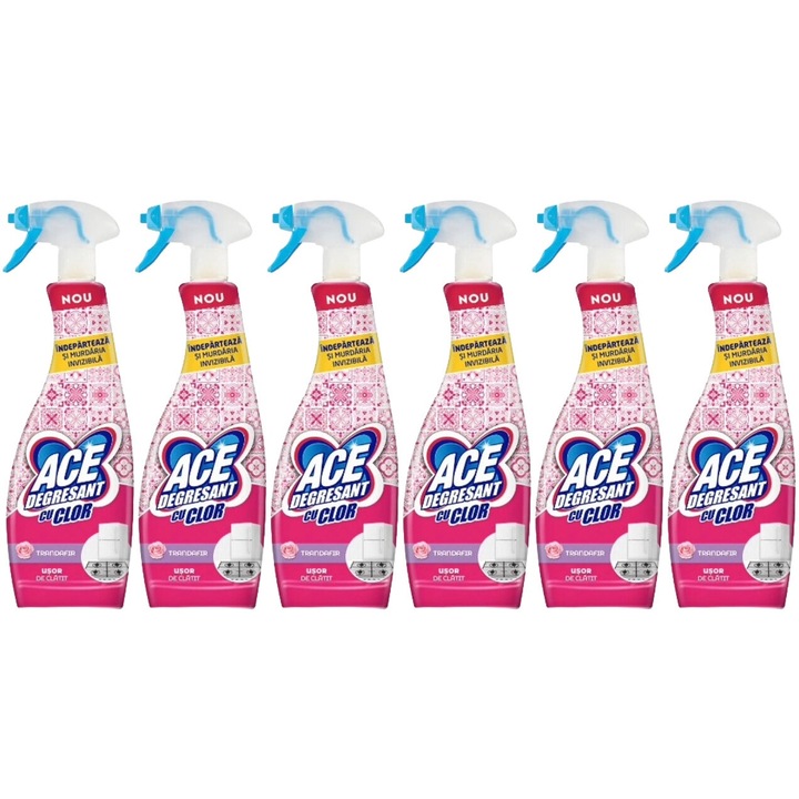 Szett 6x Ace konyhai zsíroldó spray klórral 650ml rózsa, friss virágos illat, vízkő elpusztítása, gyors és maximális hatékonyság, bőrgyógyászatilag tesztelt, hosszan tartó frissesség, bőséges tartalom, megszünteti a kellemetlen szagokat