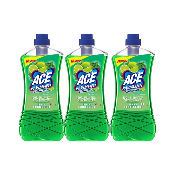 Set 3x Ace Solutie Pardoseli Fara Clor 1l Lime Menta, fresh aroma, parfum floral, distruge calcarul, rapid si eficient, testat dermatologic, prospetime de lunga durata, eficacitate maxima, continut generos, elimina mirosuri neplacute