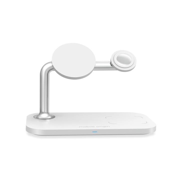 Statie de incarcare 3 in 1 Mobile Origin Magnetic, Compatibila MagSafe, Wireless Charge, 15W, Cablu USB-C inclus, Alb
