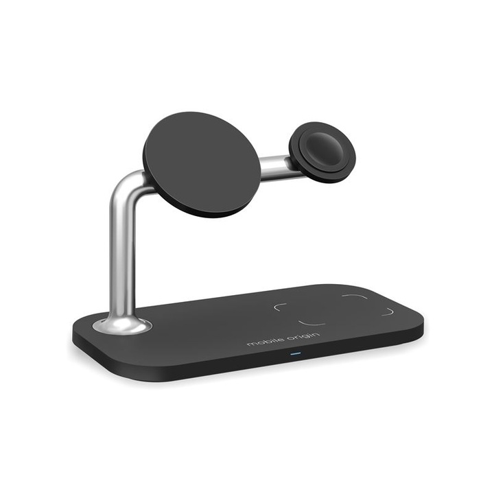Statie de incarcare 3 in 1 Mobile Origin Magnetic, Compatibila MagSafe, Wireless Charge, 15W, Cablu USB-C inclus, Negru