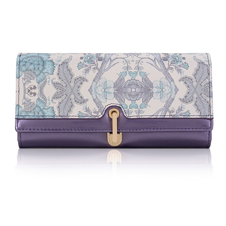 Portofel dama piele naturala culoare mov cu imprimeu