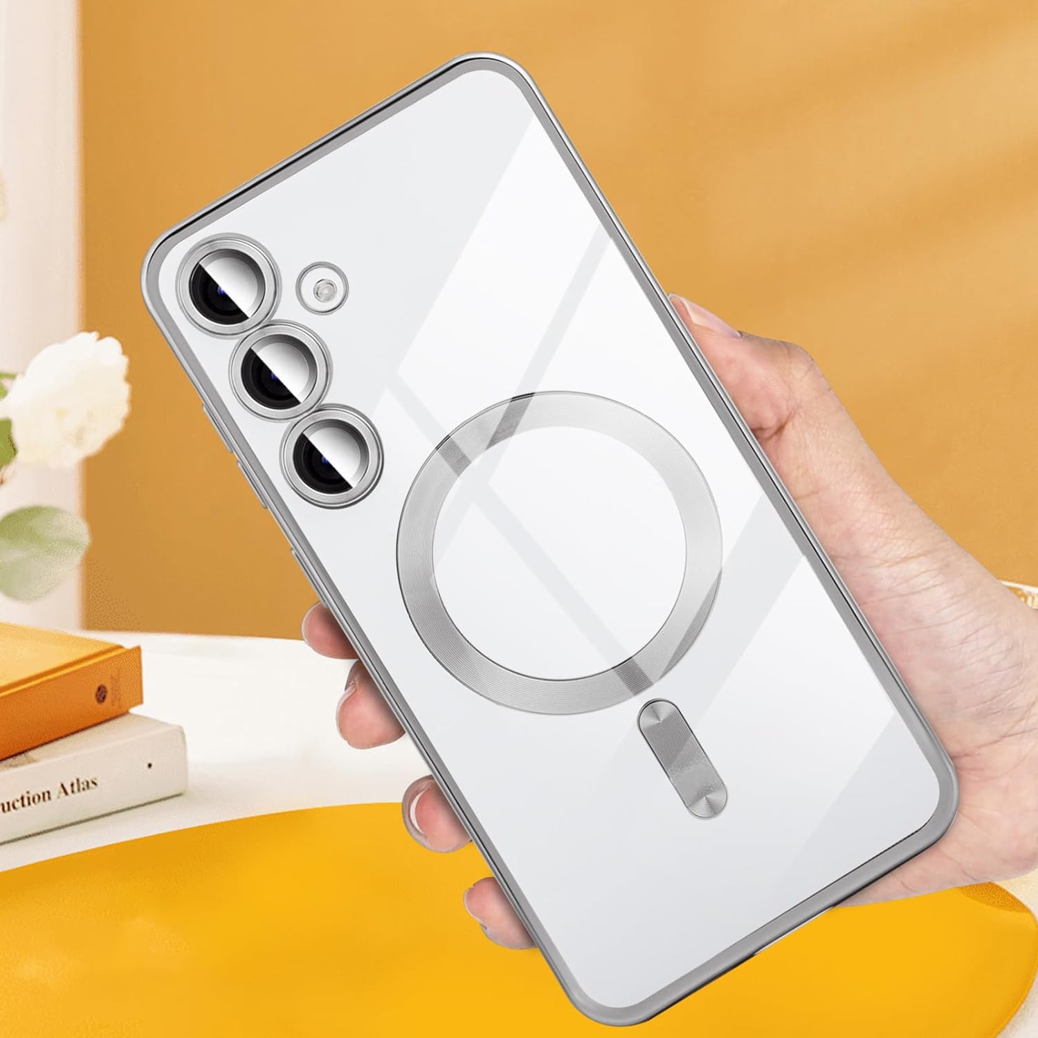Husa pentru Samsung S25 FE DaDen® MagSafe Luxury compatibil cu protectie camera, Ultra Protectie, Transparent cu margini argintii