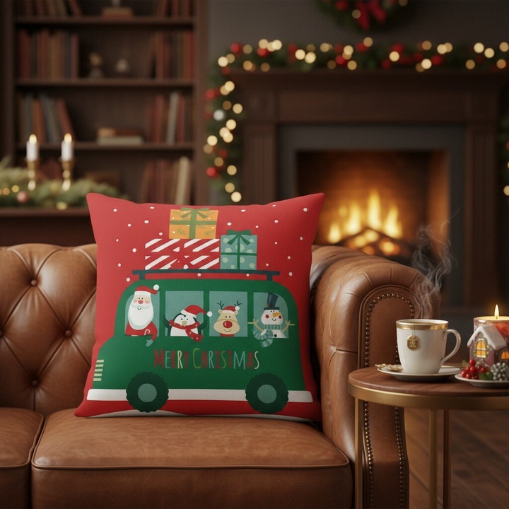 Fata de perna decorativa, model Craciun, poliester, 6220-33, imprimeu, 45 x 45 cm