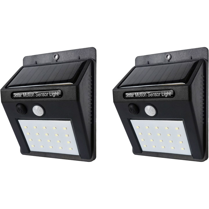 Pachet 2 lampi solare LED de exterior KRING, cu senzor de miscare, 2 moduri de iluminare 5lm/120lm, 20xSMD LED 0.2W, 1200mAh, plastic, 9.6x4.8x12.5cm