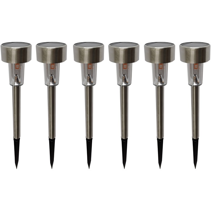 Pachet 6 lampi solare LED de exterior pentru gradina Kring, dispersor lucios, 0.06W, 1 lm, 200 mAh, Inox, ø5.6x36.5cm