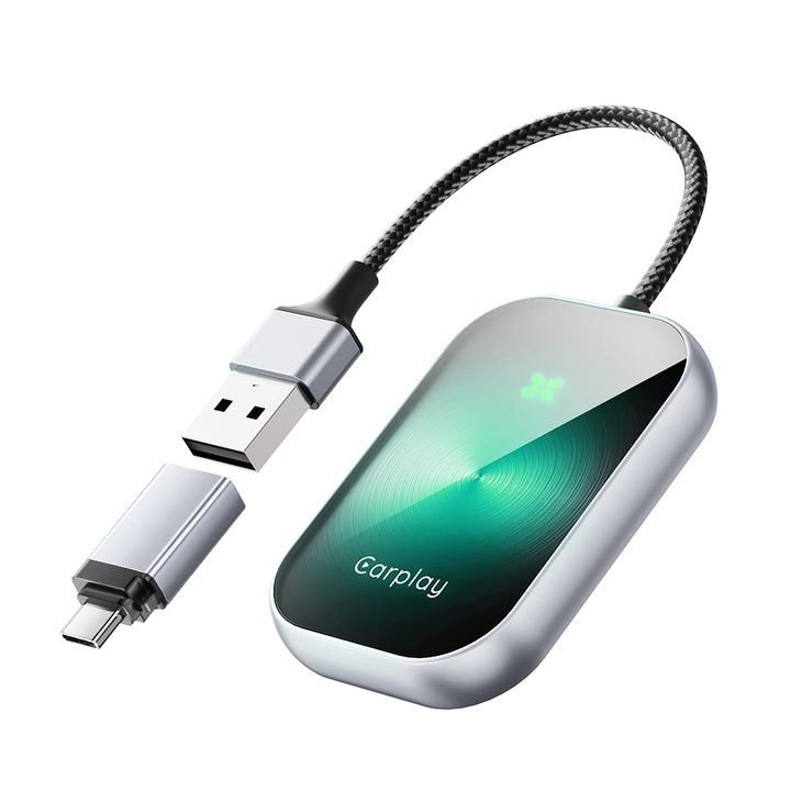Adaptor Auto 2 in 1 CarPlay & Android Auto, Wireless, Plug&Play, Bluetooth 5.3, Reconectare Automata, Compatibil USB/USB-C, Modulator, Extenstie USB-C Inclus, Verde