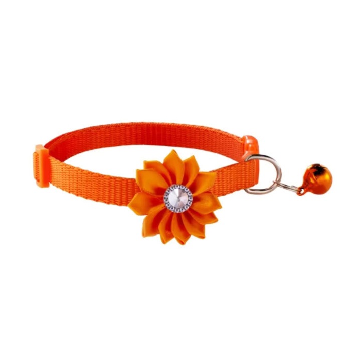 Zgarda ajustabila cu clopotel si Floare pentru caini mici si pisici, SK9 21-35cm, Portocaliu