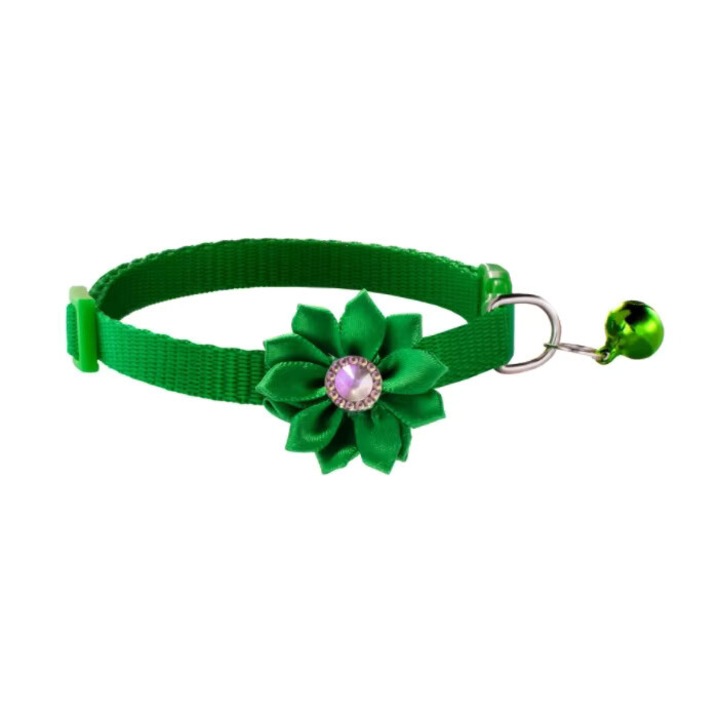 Zgarda ajustabila cu clopotel si Floare pentru caini mici si pisici, SK9 21-35cm, Verde