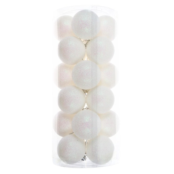 Set 24 Globuri de Craciun Antbro® albe cu sclipici roz, plastic, 6cm
