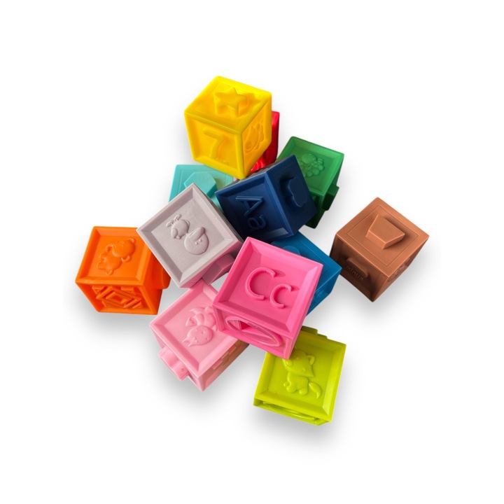 Комплект от 12 меки силиконови кубчета за бебета, с цифри и математически знаци, iStan, многоцветни