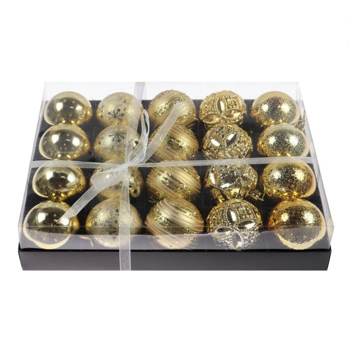 Set 20 Globuri de Craciun Antbro® aurii cu diferite modele, plastic, 6cm