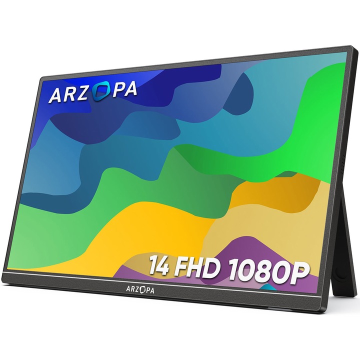 Преносим монитор LED IPS Arzopa A1s 14", Full HD (1920x1080), 60Hz, Mini HDMI, USB-C, Високоговорители 1W x2, Съвместим с конзола, Черен
