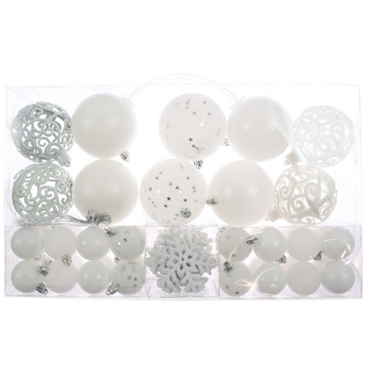 Set 50 Globuri de Craciun Antbro® albe si argintii de diferite forme si modele, plastic, 4/8cm