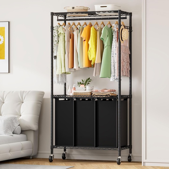 Cos de Rufe cu Roti Uptyia, 3 Compartimente si Suport pentru Haine – Ideal pentru Organizare in Baie sau Spalatorie Dimensiuni: 36x79x185cm, Negru