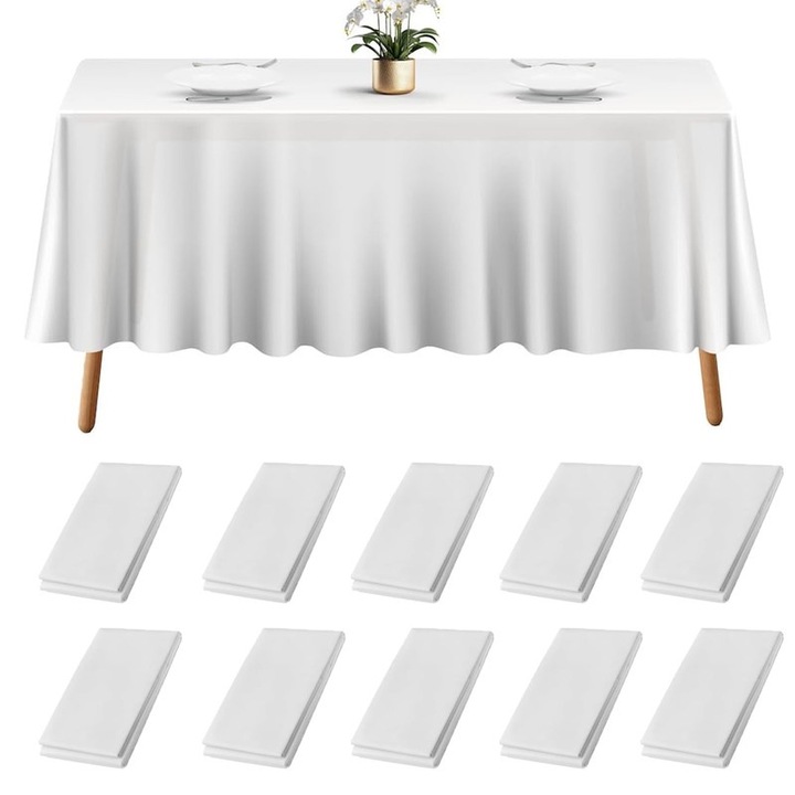 Комплект от 10 еднократни правоъгълни покривки за маса, водоустойчиви, бели, 137x274 см