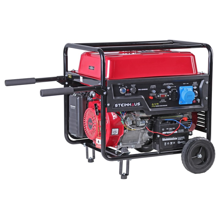 Generator curent electric Steinhaus PRO-GEN8500, 8500 W, stabilizator de tensiune, 37 l benzina, pornire electrica, 1x16A (230V), 1x32A (230V), 12V, protectie suprasarcina/nivel scazut ulei, autonomie 12.8h, permite automatizarea ATS