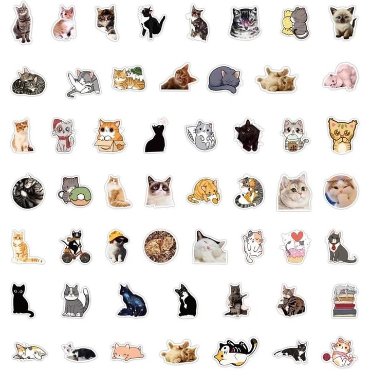 Set Stickere 100 bucati, Basesailor, Pisici Kawaii, Waterproof, 5 cm, colorate